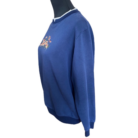 Vintage 90s Embroidered Crewneck Sweater Navy Blue Yellow Flowers Women’s Large - Picture 2 of 5